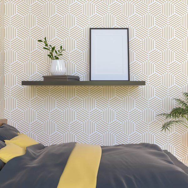 Bedroom with bed and picture frame mounted on the wall. 3d style.
